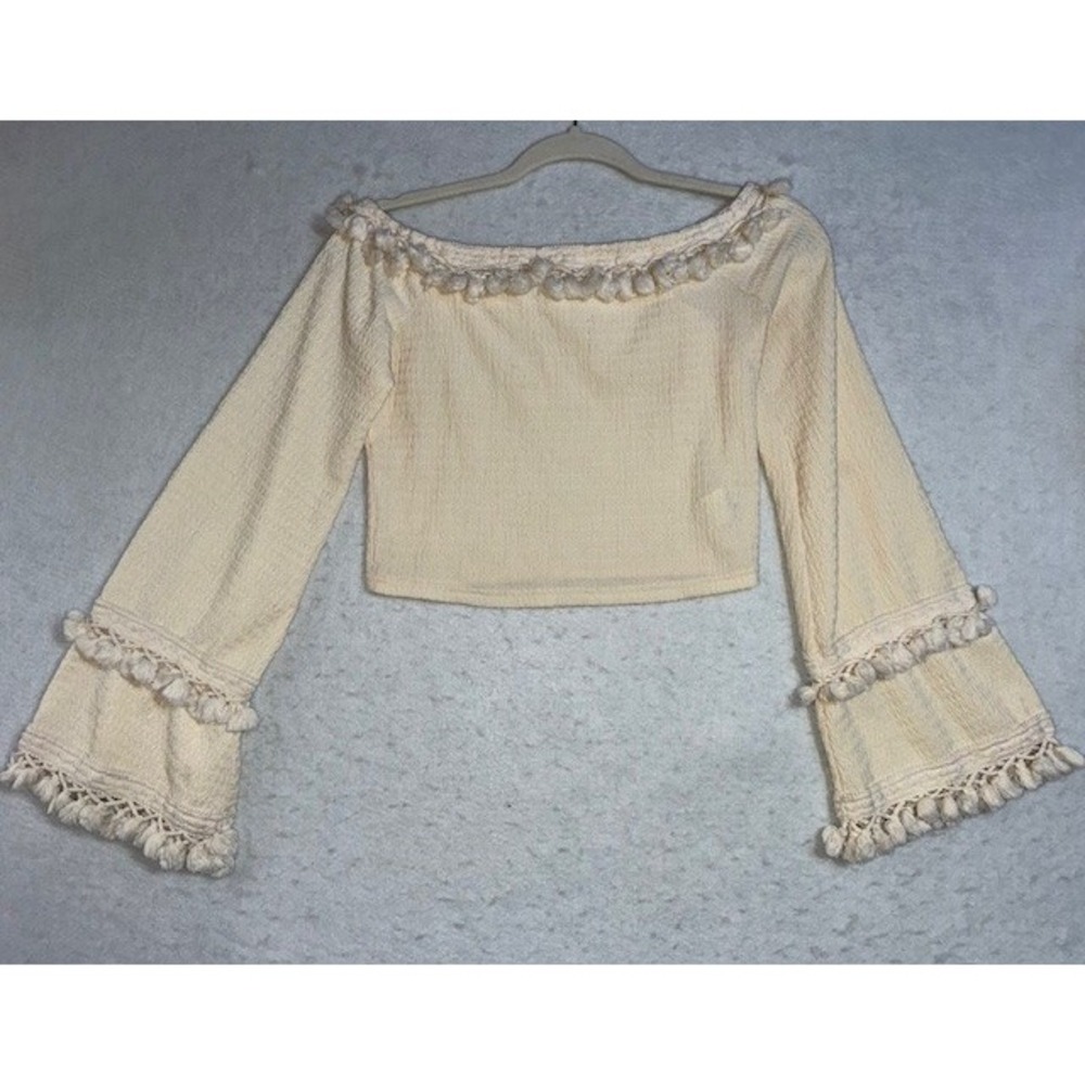 Off Shoulder Flowy Bell Sleeve Boho Crop Tassled Top Blouse Cottage Fairy